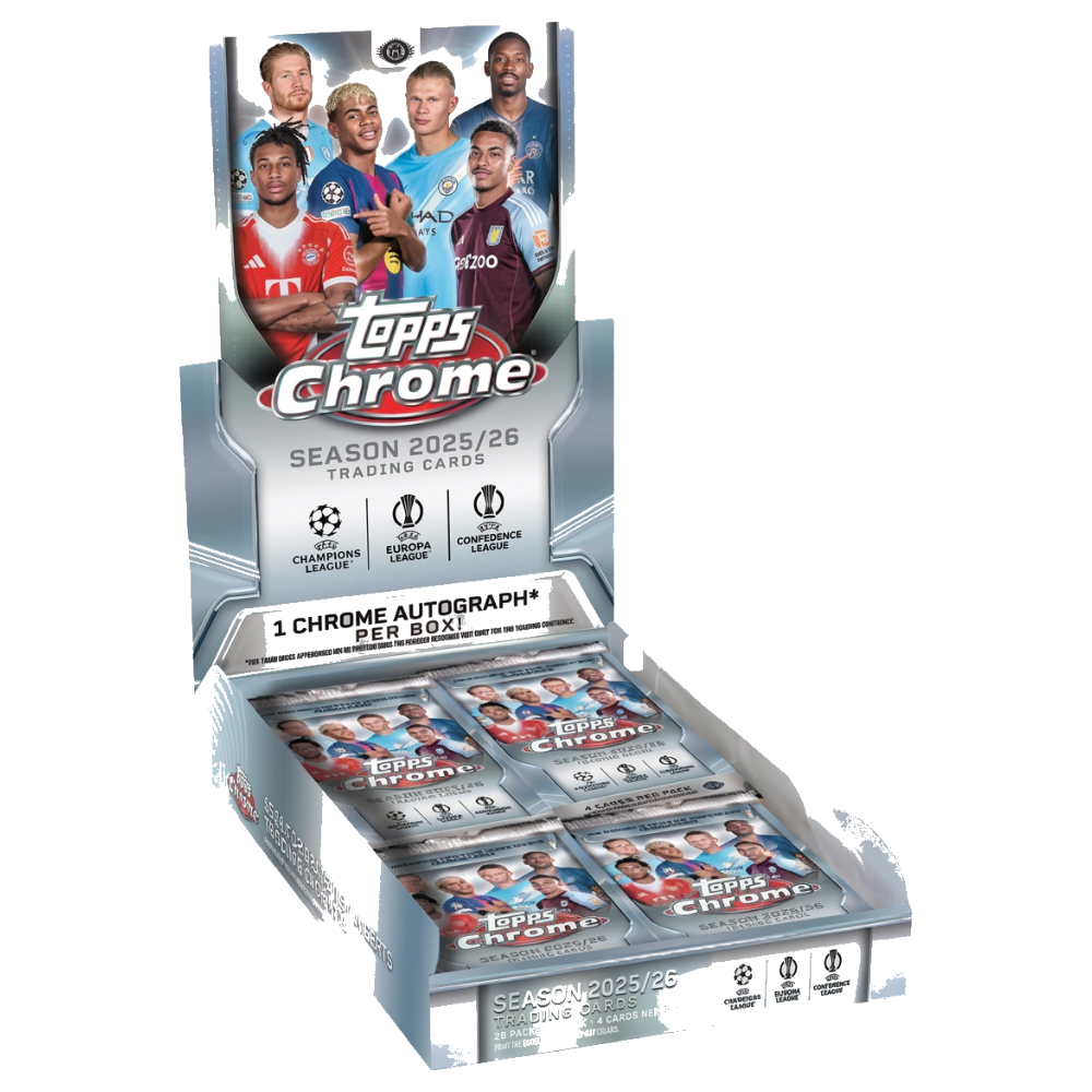 Topps Chrome UEFA Club Competitions 25/26 Hobby Box, samlarbox med fotbollskort och sällsynta samlarbilder.