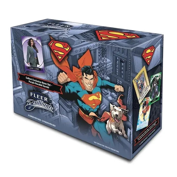 Upper Deck Fleer Brilliants Superman 2025 Mega Box, samlarbox med Superman samlarkort och sällsynta inserts.