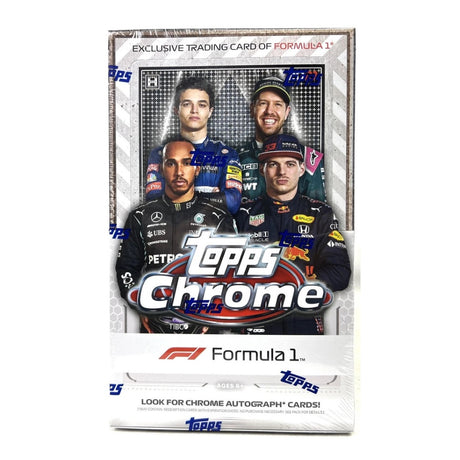 2021/22 Topps Formula 1 Chrome Hobby Box samlarkort för F1, oöppnad förpackning med exklusiva kromkort.