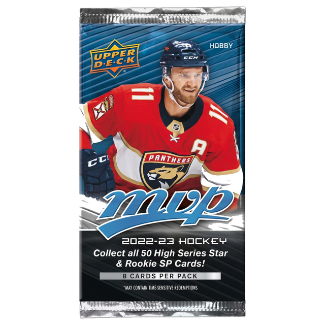 Upper Deck NHL MVP 22/23 Hobby Pack samlarkort med hockeybilder från säsongen 2022-23.