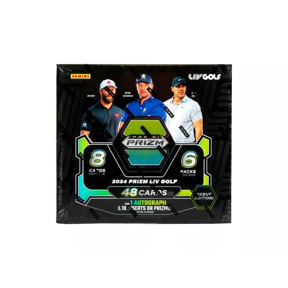 2024 Panini Prizm LIV Golf Hobby Box med samlarkort, glansig design och exklusiva golfbilder.
