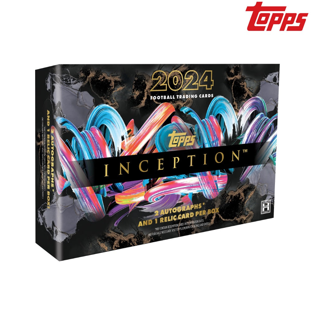 2024 Topps Inception Football Hobby Box samlarbox med NFL-samlarkort, exklusiva autografer och färgglada motiv.