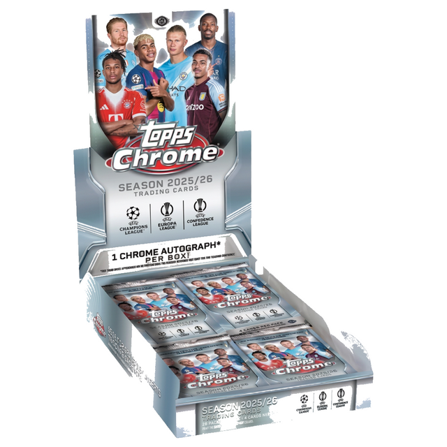 Topps Chrome UEFA Club Competitions 25/26 Hobby Box, samlarbox med fotbollskort och sällsynta samlarbilder.