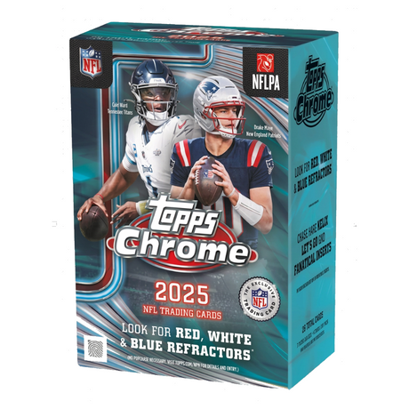 2025 Topps Chrome Football Value Box, box med samlarbilder från NFL, amerikansk fotboll och exklusiva kort.
