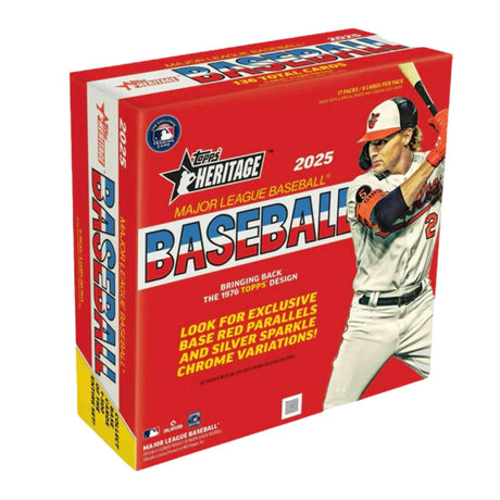 2025 Topps Heritage Baseball Mega Box samlarbox med samlarkort i retrodesign för baseballsamlare.