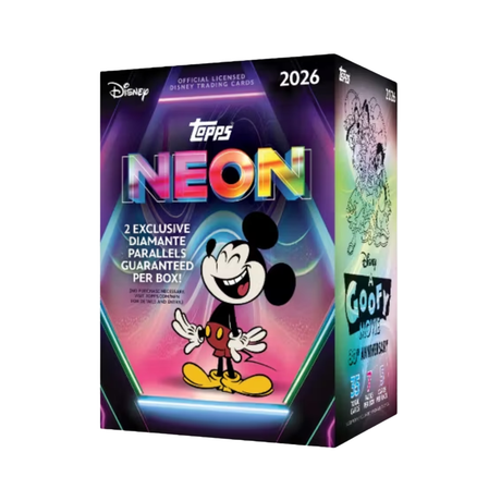 2026 Topps Disney Neon Value Box samlarkort med Disney-karaktärer i färgglad neon-design.