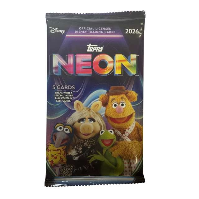 2026 Topps Disney Neon samlarkort i oöppnat boosterpack med neonfärgad design och Disney-karaktärer.