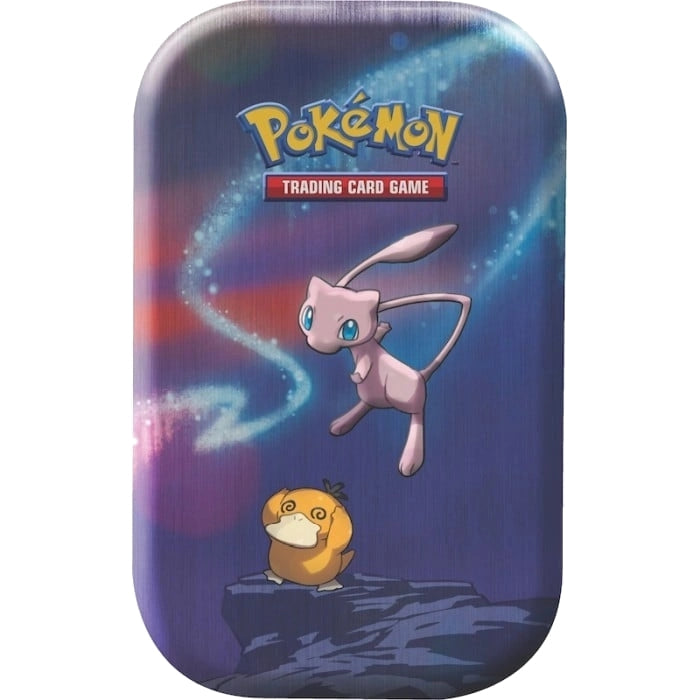 Blå Pokémon Kanto Powers Mini Tin L24 samlarbox med motiv av Pikachu och Vulpix samt samlarkort.