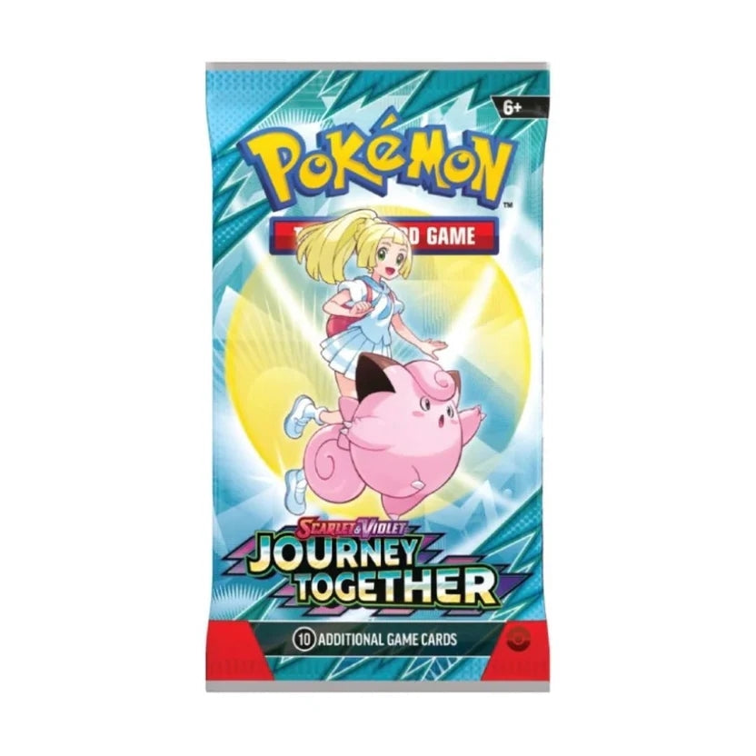 Pokémon Scarlet & Violet 9 Journey Together boosterpack med vackra illustrationer av samlarkort för Pokémon TCG.