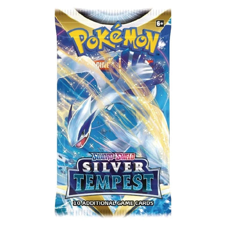 Pokémon Sword & Shield Silver Tempest boosterpack med motiv av legendariska Pokémon, samlarkort för barn och vuxna.