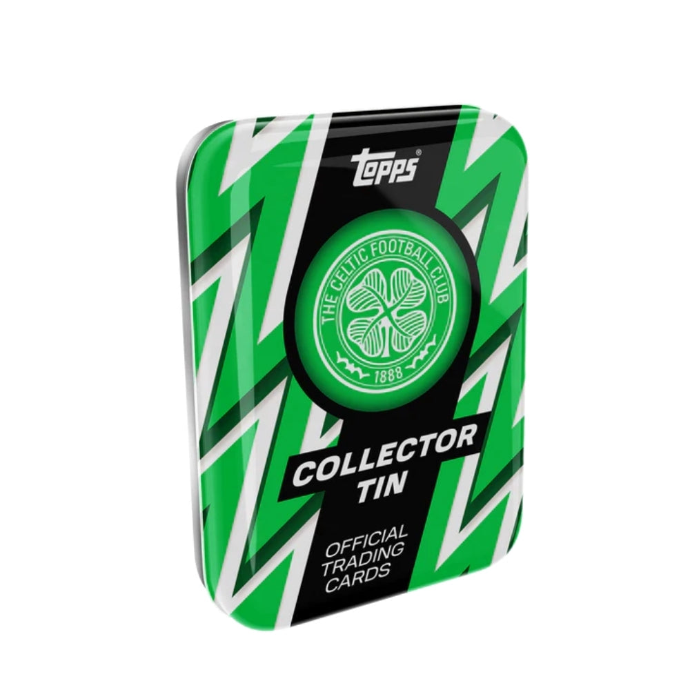 Topps Celtic FC 2025/26 Collector Tin samlarbox med fotbollskort och officiella samlarbilder i plåtburk.