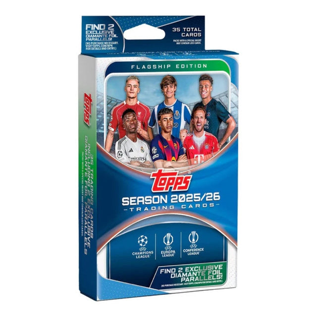Topps UCC Flagship 25/26 Hanger Box med fotbollskort från UEFA Champions League, samlarbox och boosterpaket.